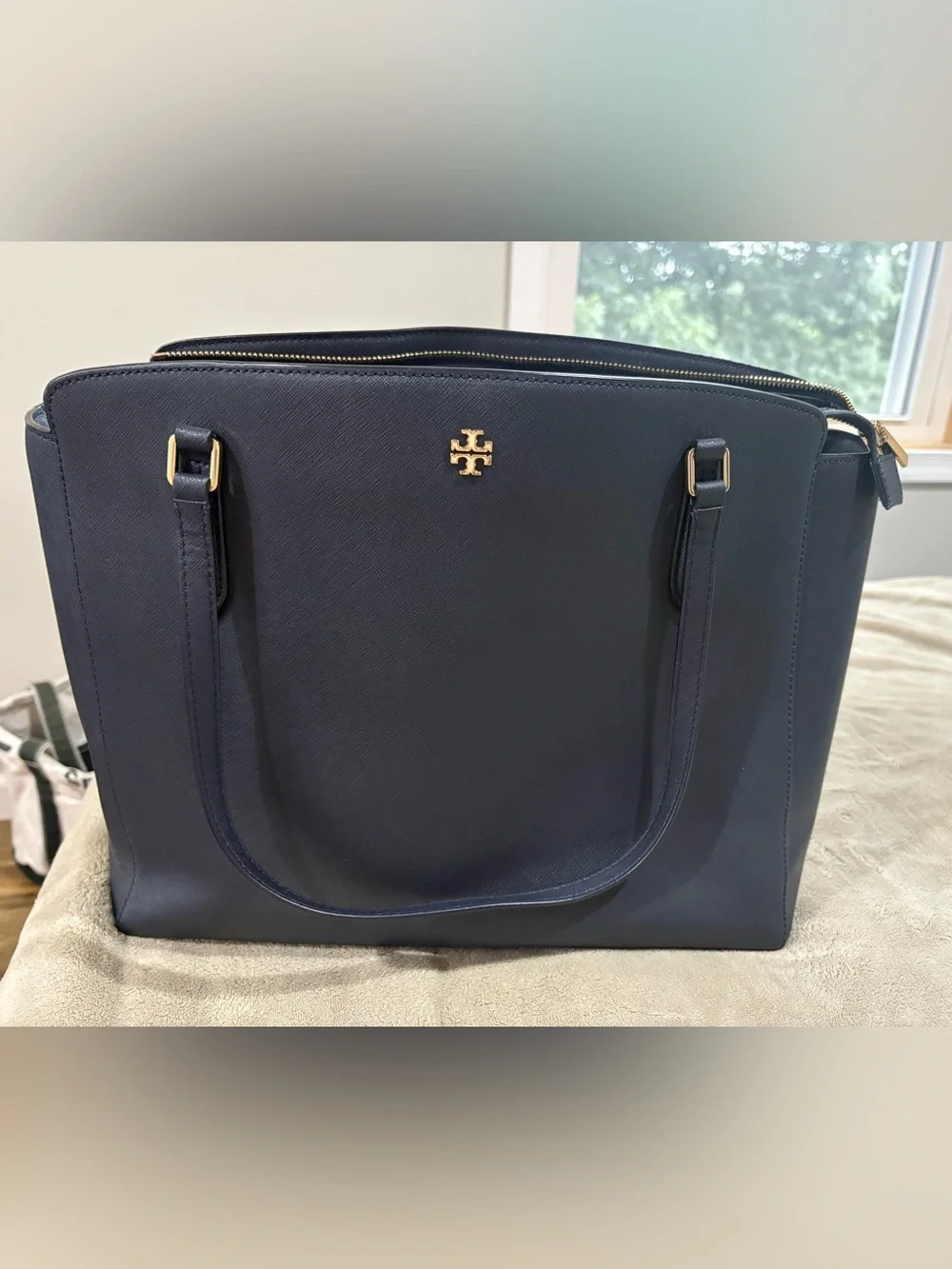 Tory Burch Navy Saffiano Tote with Gold Logo
